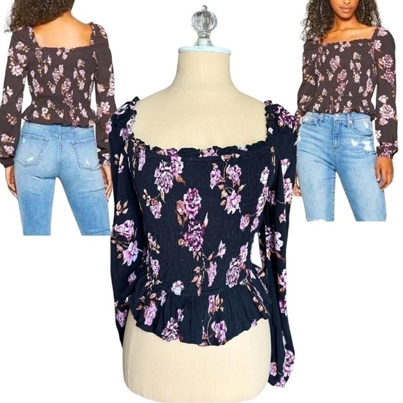 FLIRTY Wild Fable Floral Cropped Smocked Long Sleeve Square Neck Boho Top Medium - Picture 1 of 11